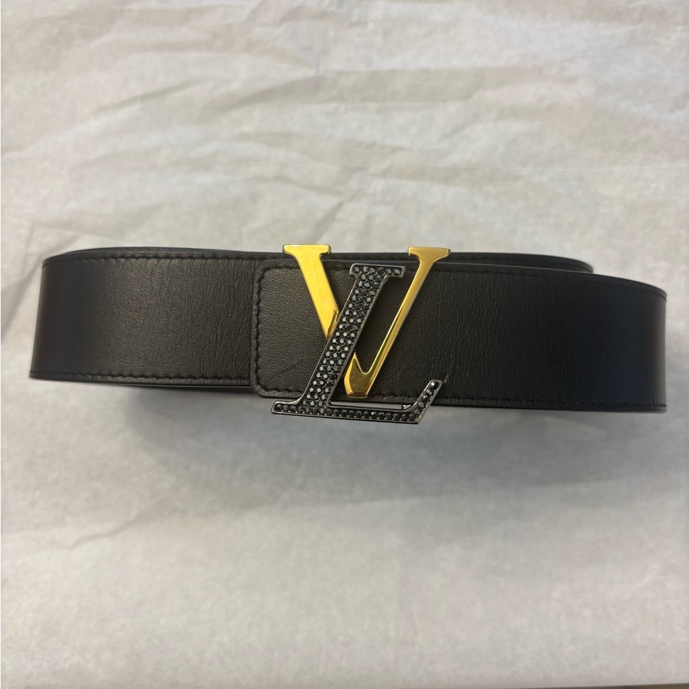 Black Leather Belt with Gold and Silver LV Buckle